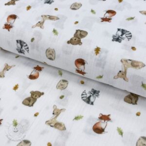 Dvojitá gázovina/mušelín Forest animals white digital print - muselin, mušelín, mušelín metráž, dvojita gazovina, mušelin, mušelin latka, muselin latka, dvojita gazovina muselin, gazovina latka, bavlnený mušelín, takoy muselin, bubulakovo muselin, trojita gazovina, mušelín cena, latky muselin, bavlneny muselin, dvojita gazovina metraz, gazovina muselin, muselin vzorovany